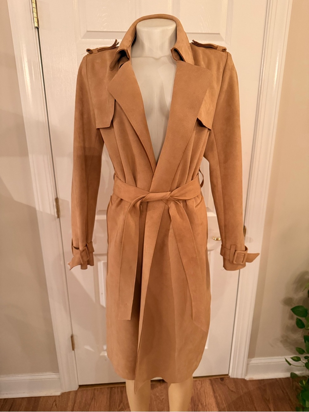 Forever 21 Camel Faux Suede Trench Coat with Waist Tie